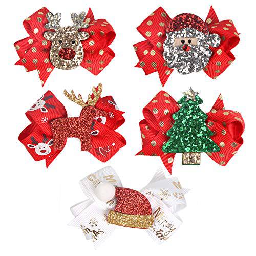 5 Pcs Christmas Sequins Alligator Clips Girls Hair Clips Bows Barrettes Hair Accessories,Include Santa,Christmas Tree and Cap, Elk Styles