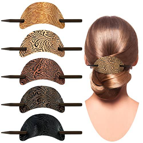Leather Hair Clip with Stick Faux Leather Hair Barrette Hair Tie Leather and Stick Hair Slide Oval Shape Hair Pins Ponytail Holders Hair Accessories for Women Girls (Vintage Style,5)
