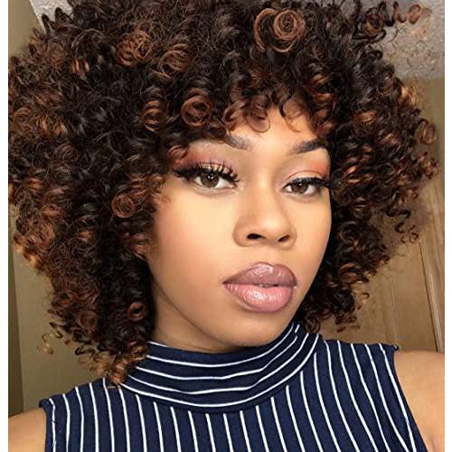 AISI HAIR Afro Curly Wig with Bangs Dark Brown Mixed Blonde Wigs Kinky Brown Highlights Synthetic Shoulder Length Wig for Black Women Full Wigs for Daily