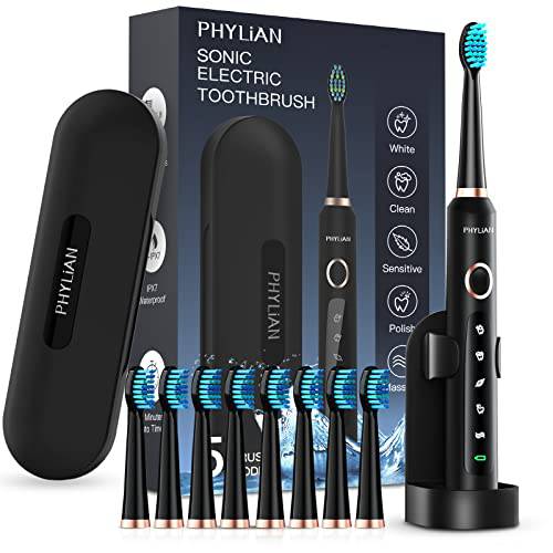 PHYLIAN Sonic Electric Toothbrush for Adults - Electric Rechargeable Toothbrush with Holder 8 Brush Heads, Travel Case, Power Toothbrushes 3 Hours Fast Charge for 60 Days