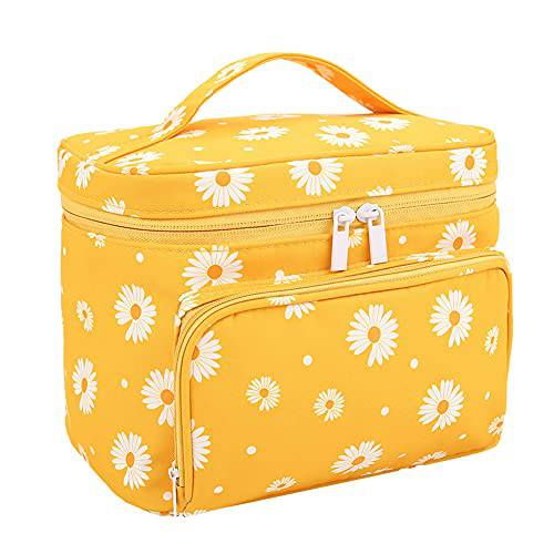 HOYOFO Makeup Bags for Women Large Cosmetic Bags with Brush Holders Travel Make up Bag, Orange Daisy