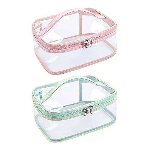 Clear Makeup Bag 2pcs Cosmetic Bags for Women Clear Travel Bags for Toiletries Travel Makeup Bag with Handle (Pink+Green)