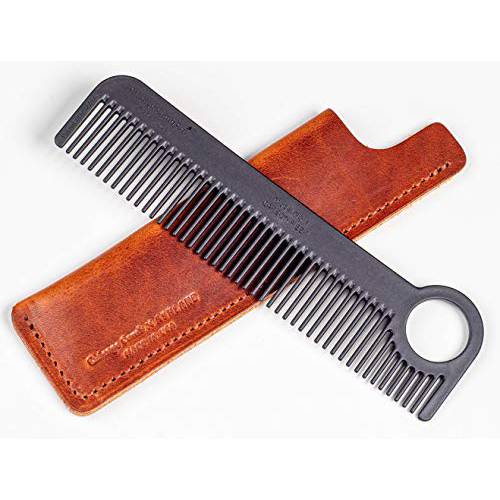 Chicago Comb Model 1 Carbon Fiber Comb + English Tan Horween leather sheath, Made in USA, ultimate pocket and travel comb, smooth strong & light, anti-static, premium American leather sheath