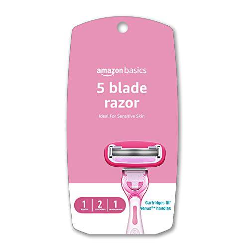 Amazon Basics Women’s 5 Blade FITS Razor for Women, FITS Amazon Basics FITS Handle and Venus Handles, Includes 1 FITS Handle, 2 Cartridges & 1 Shower Hanger