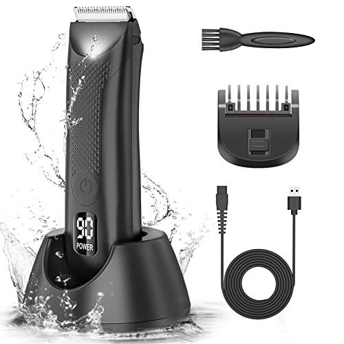 Electric Groin Hair Trimmer, Beard Trimmer for Men, Pubic Hair Trimmer with Light, Power LED Display, Standing Recharge Dock, Guide Comb, Waterproof IPX7 Body Hair Trimmer for Men, Wet and Dry Use