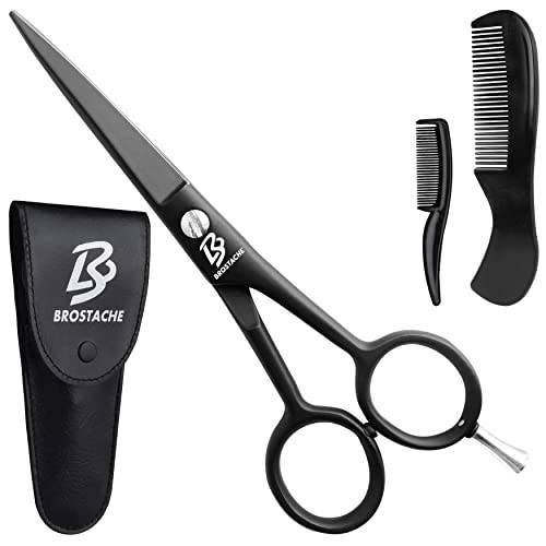 BROSTACHE Beard & Mustache Scissors for Men 5”, 2 comb & Leather Travel Pouch , Hand forged with Bevel edge For precision, Grooming Kit for Men with Extremely Sharp Scissors & Adjustable Screw