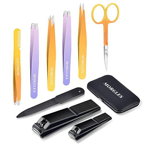 Tweezer Set with Nail Clippers, MORGLES Tweezers Set, Professional Nail Clippers and Tweezer Kit for Women and Men with Leather Travel Case, 9 Pack