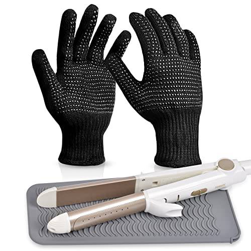 IKOCO Heat Gloves for Hair Styling, Heat Resistant Silicone Mat Pouch and 2Pcs Heat Proof Gloves Mitts for Flat Iron, Curling Iron, Straightener（Black&Grey）