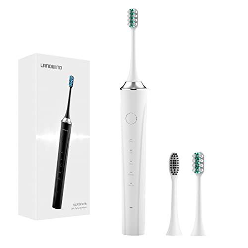 LANDWIND Sonic Toothbrush, Electric Toothbrush with 2 Brushing Heads, USB Charging, Smart Timer, 5 Modes, IPX7 Waterproof for Unisex Adults (White)