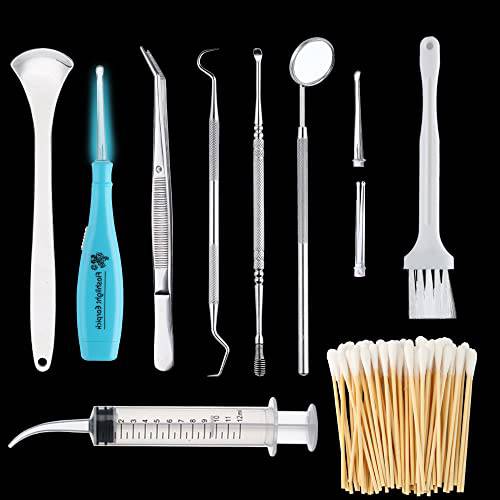 9 Pieces Upgraded Tonsil Stone Removal Set Include Stainless Steel Tonsil Stone Remover Tool Led Light Tongue Cleaner Scraper Tweezer，Cured Syringe for Oral Care (Blue)