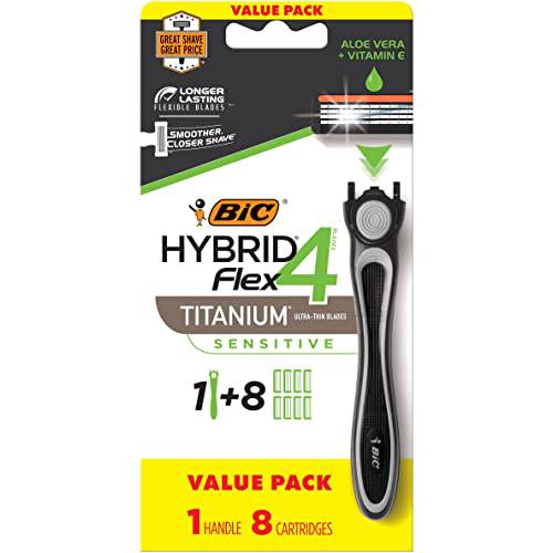 BIC Hybrid Flex 4 Sensitive Titanium Men’s Disposable Razors, For a Smooth, Ultra-Close and Comfortable Shave, 8 Cartridges and 1 Handles, 9 Piece Razor Set