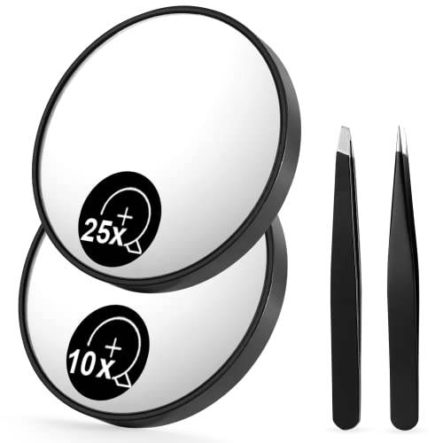 OMIRO 10X & 25X Magnifying Mirrors and Two Eyebrow Tweezers Kits, 3.5 Two Suction Cups Magnifier Travel Set