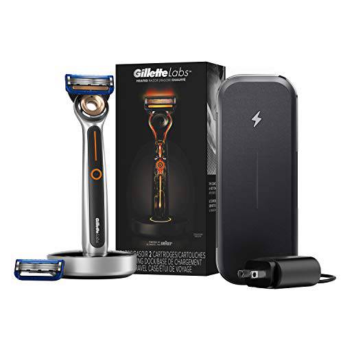 Gillette Heated Razor for Men, Deluxe Travel Shave Kit by GilletteLabs, 1 Handle, 2 Razor Blade Refills, 1 Charging Dock, 1 Charging Travel Case