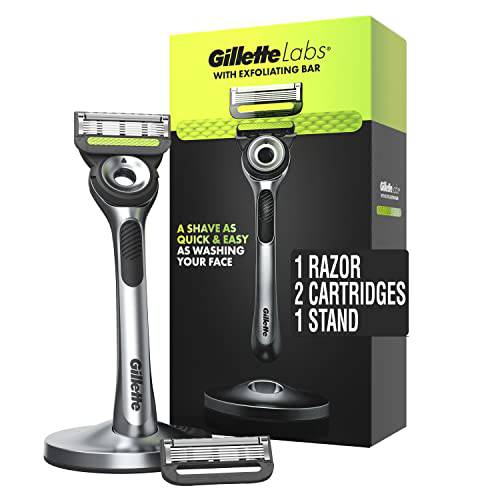 Gillette Mens Razor with Exfoliating Bar by GilletteLabs, Shaving Kit for Men, Includes 1 Handle, 2 Razor Blade Refills, 1 Premium Magnetic Stand