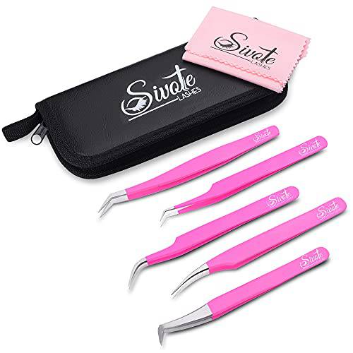 SIVOTE Eyelash Extension Tweezers for Classic & Volume Lashes, 5-Pack, Pink