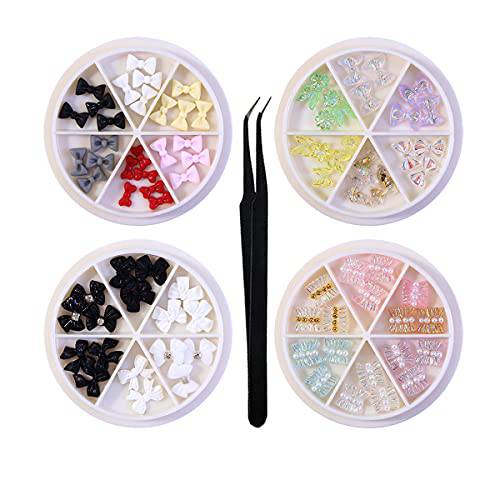 XEAOHESY 80pcs Colorful Resin Aurora Butterfly Skirt And Bowknot Nails Studs With Tweezers 3D Nail Art Charms Decoration for Women Girls Manicures Jewelry Salon DIY Accessories
