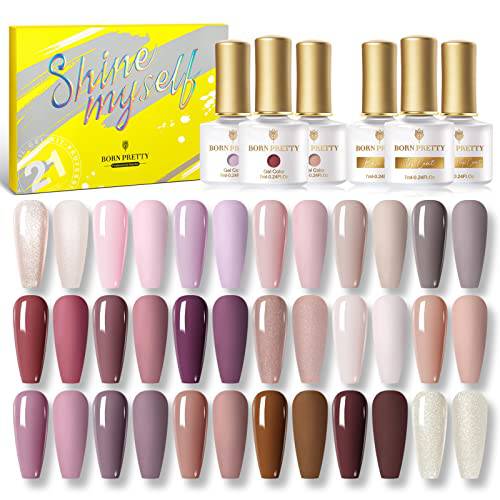 Born Pretty Pink Gel Nail Polish Set Nude Gray Love Pink Purple Pale Mauve Series Valentine’s Day Gel Polish Gift Collection Spring Summer Gel Polish with Top & Base Gel Gifts Set 6ML 21PCS