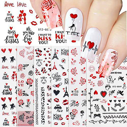 Valentines Nail Art Stickers, 6 Sheets Valentine’s Day Nail Decals Red Black Love Heart Angel Lip Rose Design Nail Stickers Manicure Tips Accessories for Women Girls Nail Art Decorations Charms