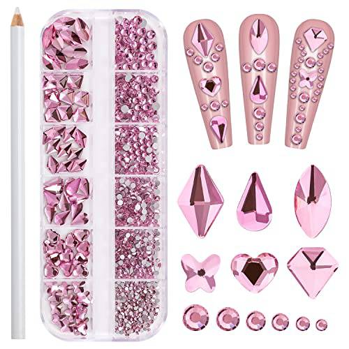 Noverlife 660PCS Nail Art Rhinestones Nail Gemstones, 3D Multi Shapes Flatback Nail Crystals Diamonds for Nail Design, Sparkle Nail Beads with Wax Pen for DIY Craft Makeup Dressup Manicure Decoration