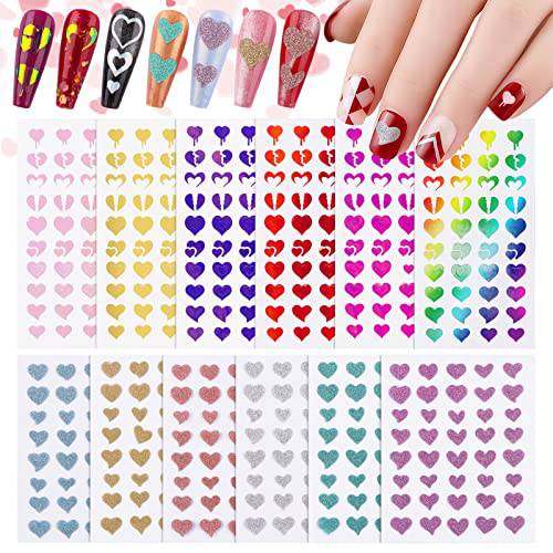 Heart Nail Art Stickers, Kalolary Valentine’s Day Nail Decal Laser Heart Self-Adhesive Sticker for Women Girls Valentine Nail Art Decoration(12 Sheets )