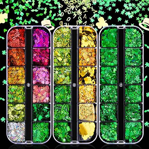 Noverlife 36 Grids 3D Clover Nail Art Glitters, St. Patrick’s Day Nail Sequins Holographic Shamrocks Nail Flake, Saint Patrick’s Day Green Clover Sparkle Confetti for Women Girl Manicure Nail Design