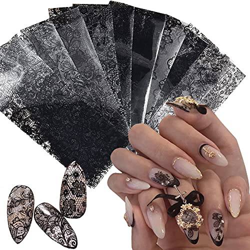 Retro Holographic Nail Art Foil Transfer Stickers Black Lace Foils Nail Art Supplies Nail Foil Lace Flower Pattern Designs Stickers Decals for Women Acrylic Nails Floral Manicure Decorations 10 Sheets