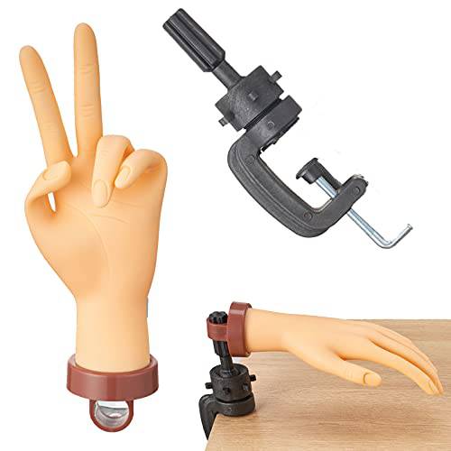 WOHEN Fake Hand for Nail Practice And C-Clamp Stand Holder Mannequin Head Manikin,Manicure Practice Hands Fingers Nail Model,Training Hand with Nails Tips for Acrylic Nail (Hand+Desktop Stand)