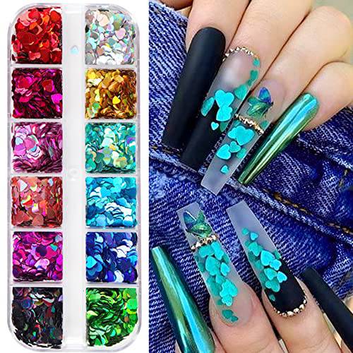 Laser Heart Nail Art Glitter Valentine’s Nail Art Glitter 3D Holographic Sparky Heart Nail Sequins 12 Colors Glitters Heart Flakes Acrylic Nail Supplies Laser Design Valentine’s Day DIY Decoration