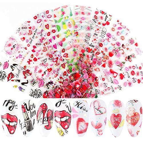 10 Sheets Valentine’s Day Nail Art Foil Transfer Sticker Holographic Valentines Nail Stickers Decals Romantic Love Heart Kiss Rose Red Lips Nail Foils for Women Girls Valentines Nail Decorations