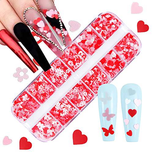 Heart Nail Art Stickers Decals 3D Heart Nail Glitter Sequins Holographic Valentines Nail Art Supplies Sparkle Nail Flakes Mixed Butterfly Flower Heart Glitters for Acrylic Nail Charms Decorations