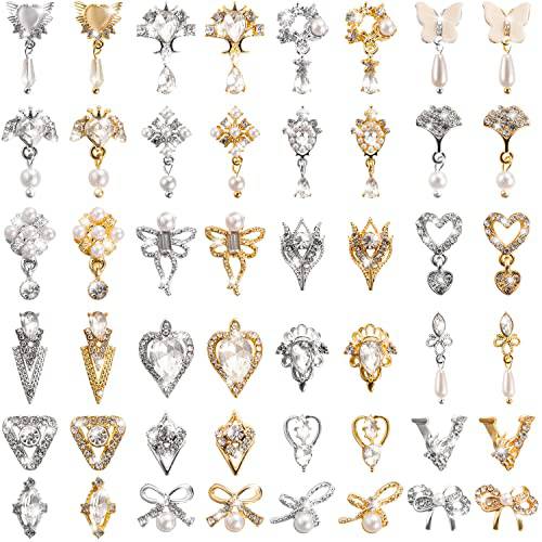Noverlife 48PCS 3D Bow Nail Art Charms Rhinestones, Luxury Metal Crystal Diamonds with Pearls for Nail Design, Dazzling Heart Butterfly Pendant Gems for DIY Salon Manicure Decoration Jewelry Crafting