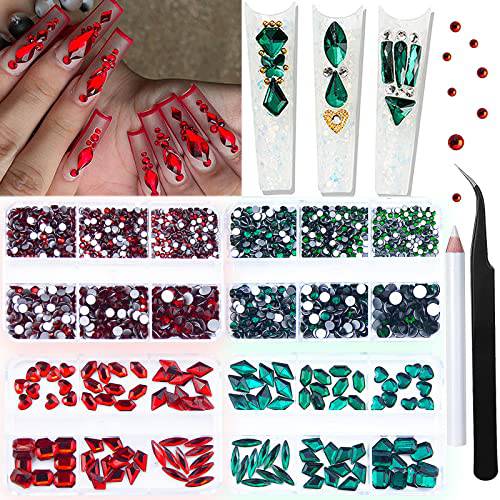 2120Pcs Emerald Green Red Nail Rhinestones Crystals Glass Gems Stones Green Red Multi Shapes Sizes Round Beads Flatback Crystals Rhinestones for Nail DIY Crafts Clothes Shoes Jewelry