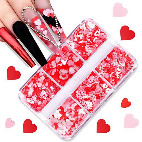 Valentine’s Day Nail Art Glitters 3D Holographic Heart Glitter for Nail Art Decorations Red White Heart Flower Butterfly Design Laser Sparkly Heart Nail Sequins Confetti Acrylic Nail Craft Supplies