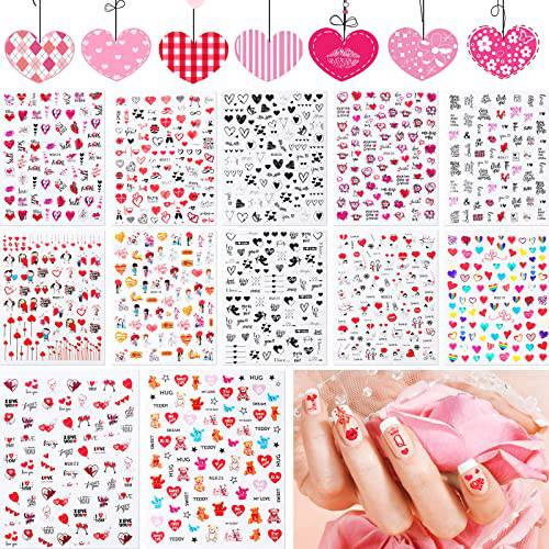 Maitys 12 Sheets Valentines Day Nail Stickers 3D Self Adhesive for Nails Love Valentine Rose Heart Colorful Lip Decals Women Girls DIY, (Maitys-Stickers-85)