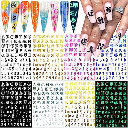 Letter Nail Art Stickers Number Nail Decals Nail Art Supplies Old English Alphabet Nail Sticker Designs Holographic English Font Letters Stickers for Acrylic Nails Decorations (8 Sheets)