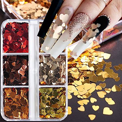 6 Grids Valentine’s Day Nail Art Glitters,Heart Nail Sequins 3D Holographic Love Heart Nail Glitters Flakes Sparkle Retro Heart Acrylic Nails Designs Stickers for Valentine’s Party Nail Decorations