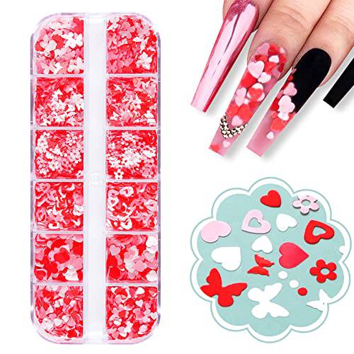 Valentines Day Nail Art Decals Red Heart Nail Art Glitters for Valentine Day Charms Nail Decorations Supplies 3D Holographic Red Love Heart Nail Sequins Sparkle Nail Design for Women DIY Acrylic Heart Stickers Decals Manicure Decor (Pink)
