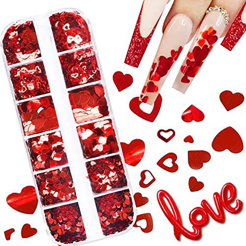 12 Grids Red Heart Nail Art Glitter Sequins 3D Heart Nail Decals Love Nail Sequin Valentines Nail Glitter Flakes Heart Glitter Nail Art Decoration Valentines Day Nail Art Stickers Confetti Glitter