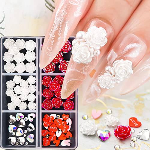 70pcs Red Rose Nail Art Charms Nail Glitter Decals Valentine’s Decoration 3D Nail Pink Rose Mixed Rose Heart Diamond Design LOVE Acrylic Nail Stud Jewelry Salon Nail Accessories Lover Supplies