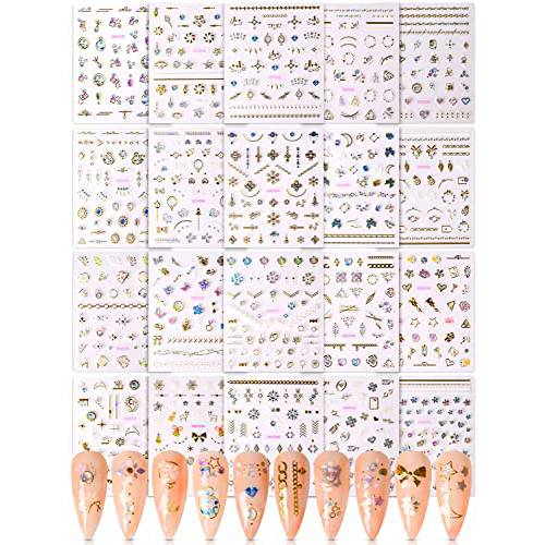 Spearlcable 20 Sheets Nail Art Stickers,3D Self Adhesive Heart Diamond Stars Butterfly Flowers Patterns DIY Nail Decals for Nail Art Decoration (C)
