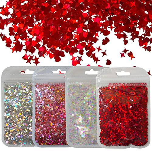 40g Heart Chunky Glitter Flakes Resin Accessories Holographic Red Heart Stars Nail Glitter Sequins Craft Confetti Manicure Tips Sticker Decorations for Resin Art/Acrylic Nails/Makeup/Slime