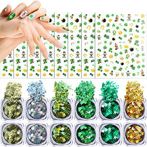 Saint Patrick’s Day Nail Decals Set Includes 744 Pieces Nail Decals Self-Adhesive Nail Art Stickers and 12 Boxes Clover Nail Sequins Nail Glitters DIY Nail Decorations for Women Girls (Single Clover)