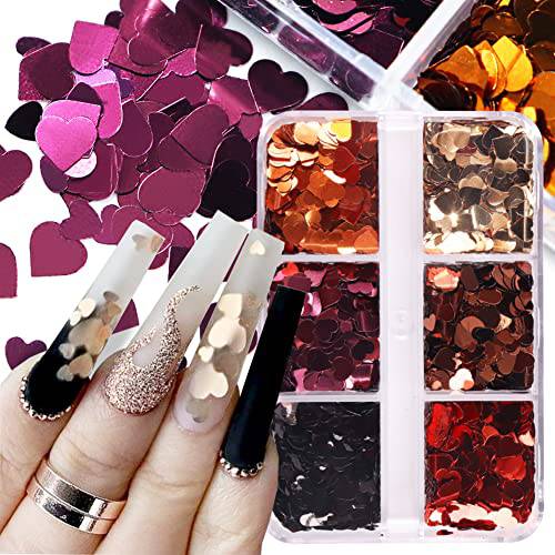 6 Grids Valentine’s Day Nail Art Sequins, Heart Nail Sequins Decal 3D Holographic Retro Heart Nail Glitters Flakes Acrylic Nails Designs Stickers Decals for Valentine’s Party Romantic Nail Decorations