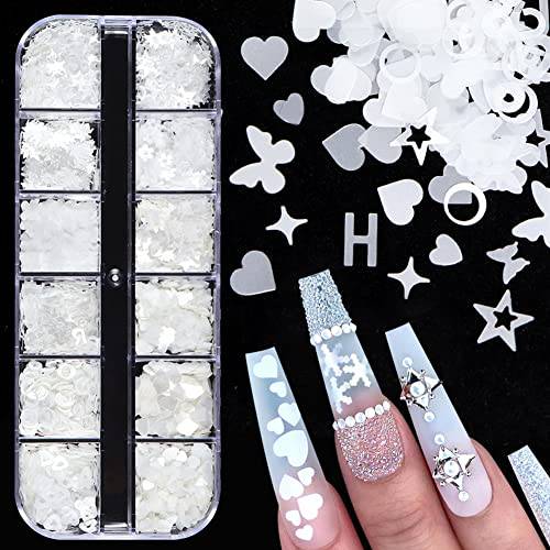 3D White Flower Nail Stickers Glitter Decals Love Heart Nail Sequins Laser Hearts Nail Supplies Butterfly Letter Star Mick ey Design for Valentine’s Day Charms Decorations Accessories Craft 12 Grids