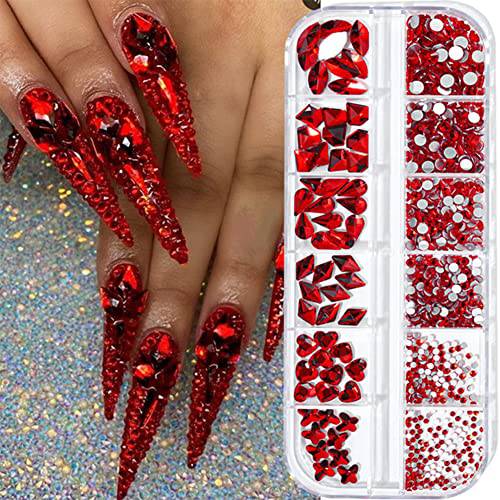 735 Pieces Red Nail Rhinestones for Acrylic Nails Red Stones for Nails Crystals 3D Nail Diamonds Art Decoration Crafts DIY (Red)