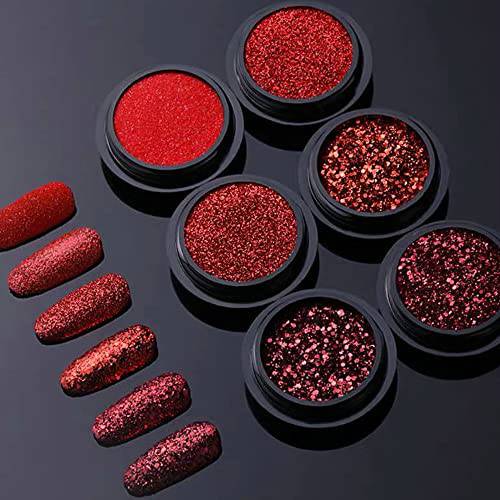Nail Art Glitter Sequins 6 Boxes Red Crystal Diamond Nail Powder 3D Holographic Nail Art Powder Shiny Flakes Acrylic Nail Glitters Set for Valentine’s Day Nail Decoration Manicure Tips Charms