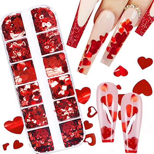 3D Heart Nail Stickers Glitter Decals Valentine’s Day Nail Supplies Love Heart Nail Sequins Holographic Nail Art Glitters Laser Hearts Sparkle Charms Nail Decorations for Valentine’s Day 12 Grids