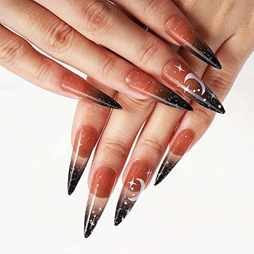Bomine Stiletto Press on Nails Long Ombre Black Fake Nails Designed Acrylic Glossy False Full Cover Nails Halloween for Women and Girls, Size 12