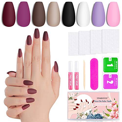 8 Solid Color Matte Short Coffin Press On Nails Pack 1, 192PCS Acrylic Medium Length Ballerina False Nail Art Tips Set for Women with Glue, Adhesive Tabs, File, Cuticle Stick and Prep Pads