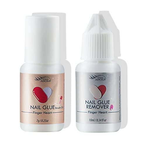 ADCILS PROFESSIONAL Nail Glue Brush ON Finger Heart 0.25oz/7g + Nail Glue Remover Finger Heart 0.34fl oz/10ml - Long Lasting Nail Glue for Fake Nails, Super Strong Holding Glue for Press-ON Nails